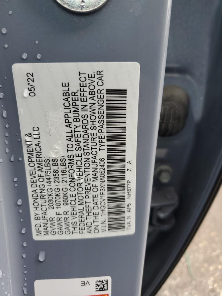 2022 Honda Accord Sport VIN: 1HGCV1F3XNA052406 Lot: 48333655