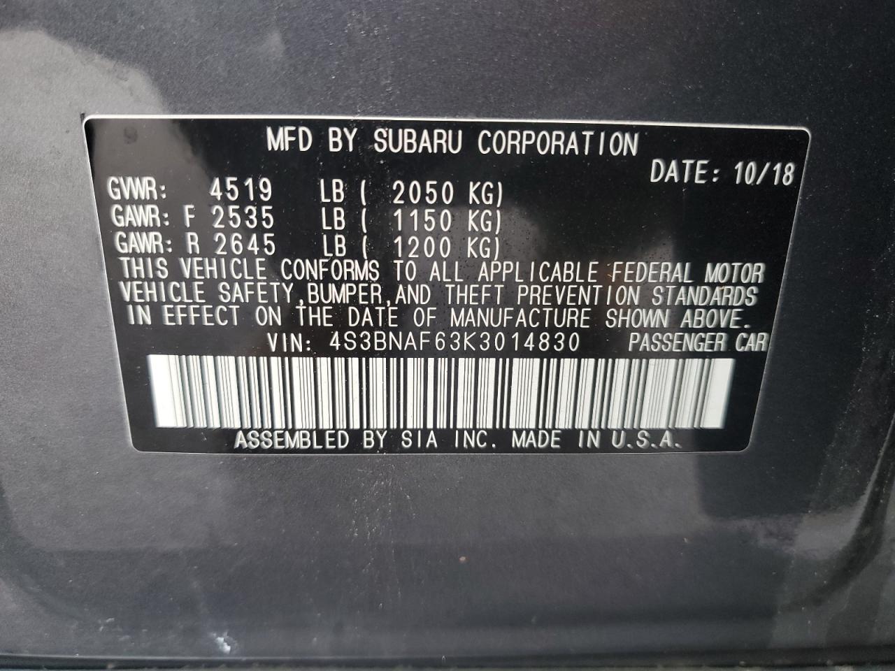 4S3BNAF63K3014830 SUBARU LEGACY 2019