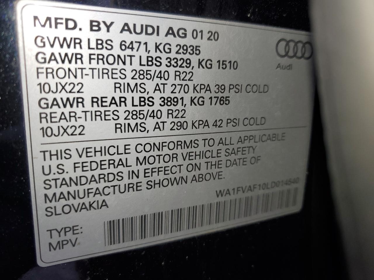 2020 Audi Q8 Prestige S-Line VIN: WA1FVAF10LD014540 Lot: 48237895