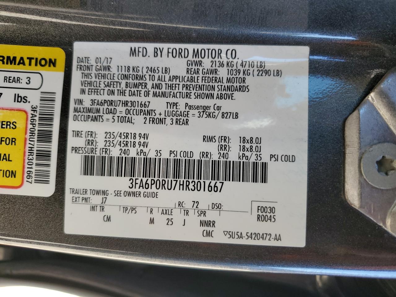 3FA6P0RU7HR301667 FORD FUSION 2017