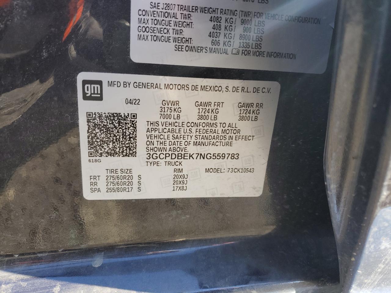3GCPDBEK7NG559783 CHEVROLET ALL Models 2022