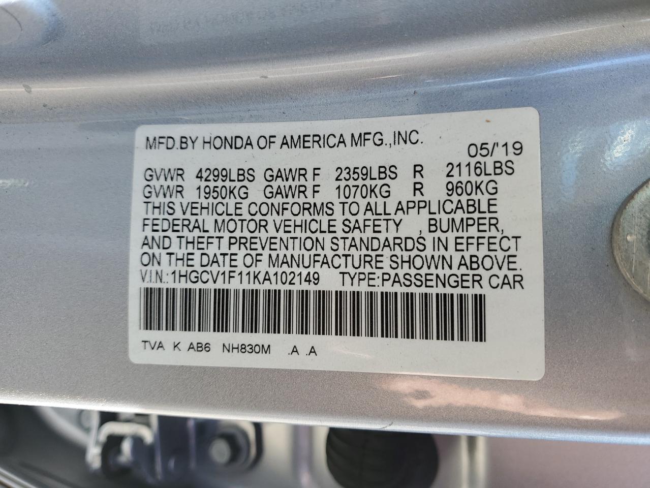 1HGCV1F11KA102149 HONDA ACCORD 2019