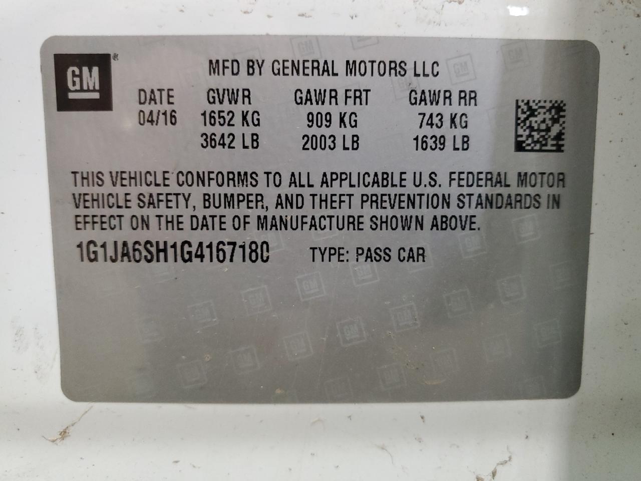 1G1JA6SH1G4167180 CHEVROLET SONIC 2016