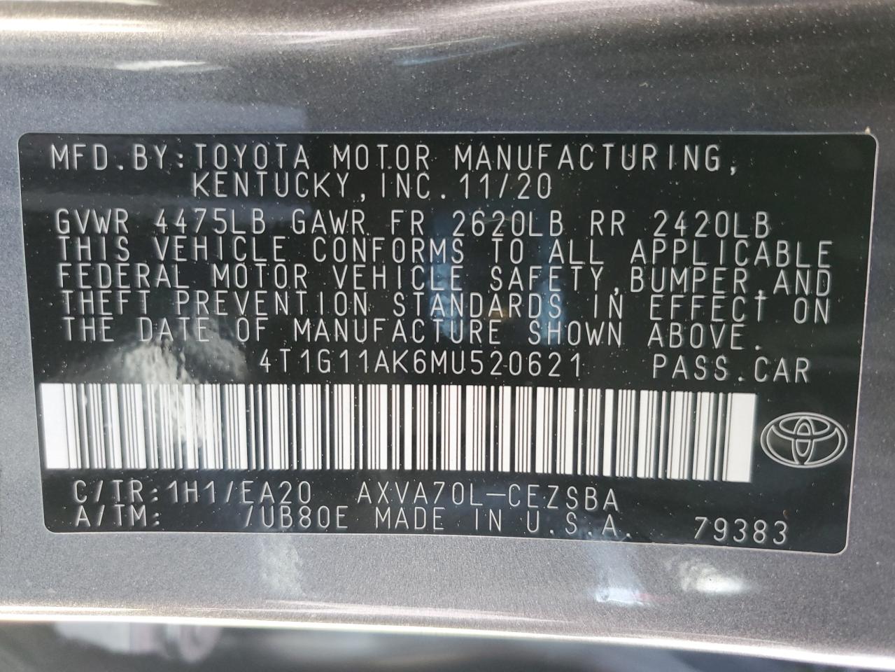 4T1G11AK6MU520621 TOYOTA CAMRY 2021