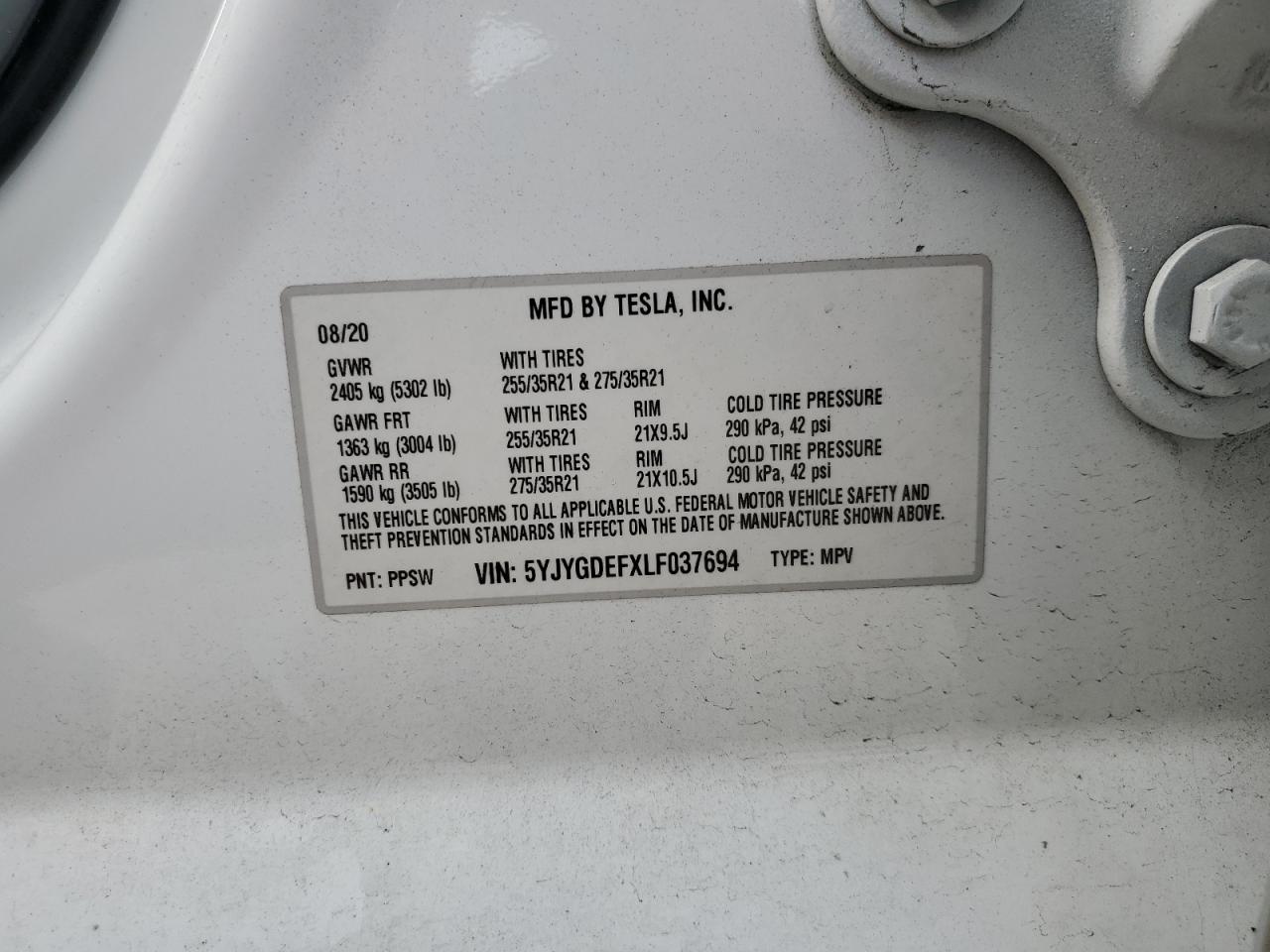 2020 Tesla Model Y VIN: 5YJYGDEFXLF037694 Lot: 51293065