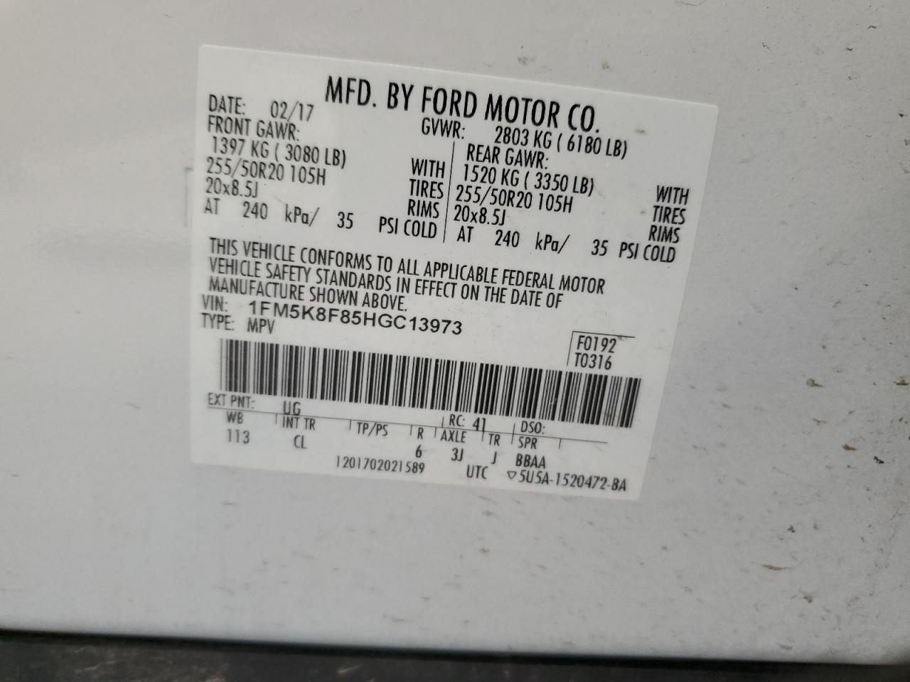 1FM5K8F85HGC13973 FORD EXPLORER 2017