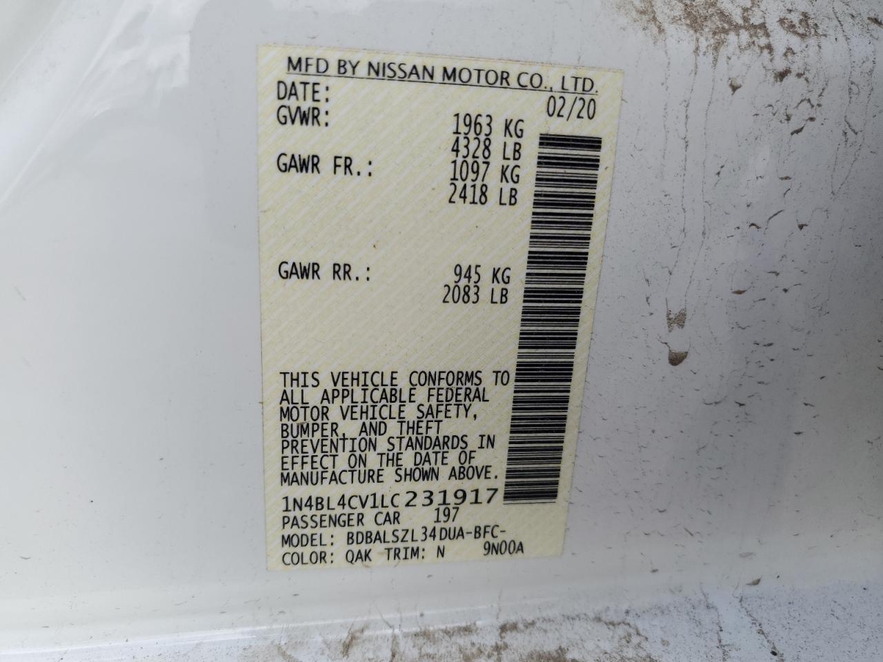 1N4BL4CV1LC231917 NISSAN ALTIMA 2020