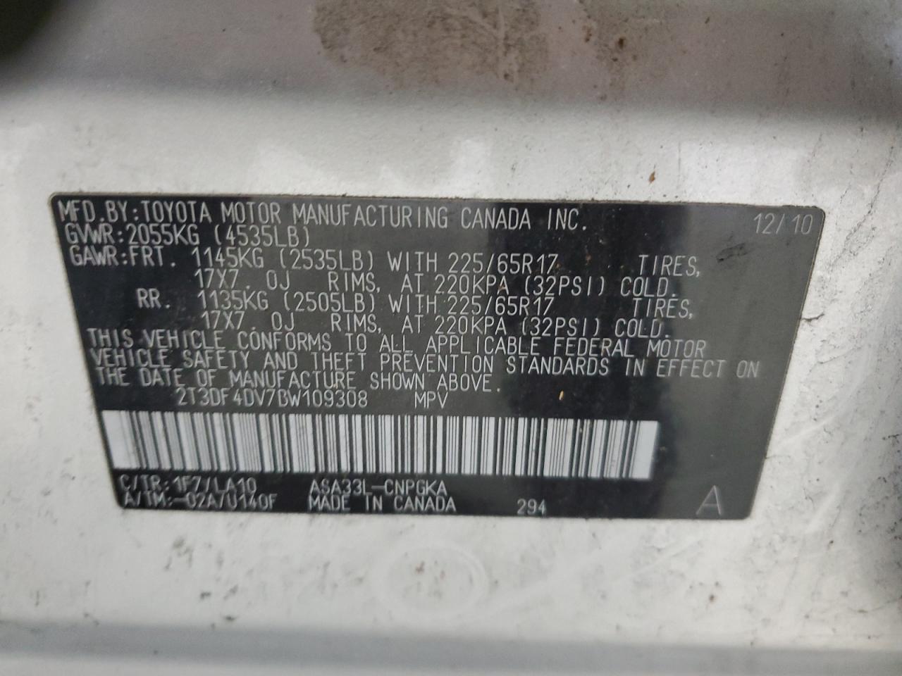 2011 Toyota Rav4 Limited VIN: 2T3DF4DV7BW109308 Lot: 50605675