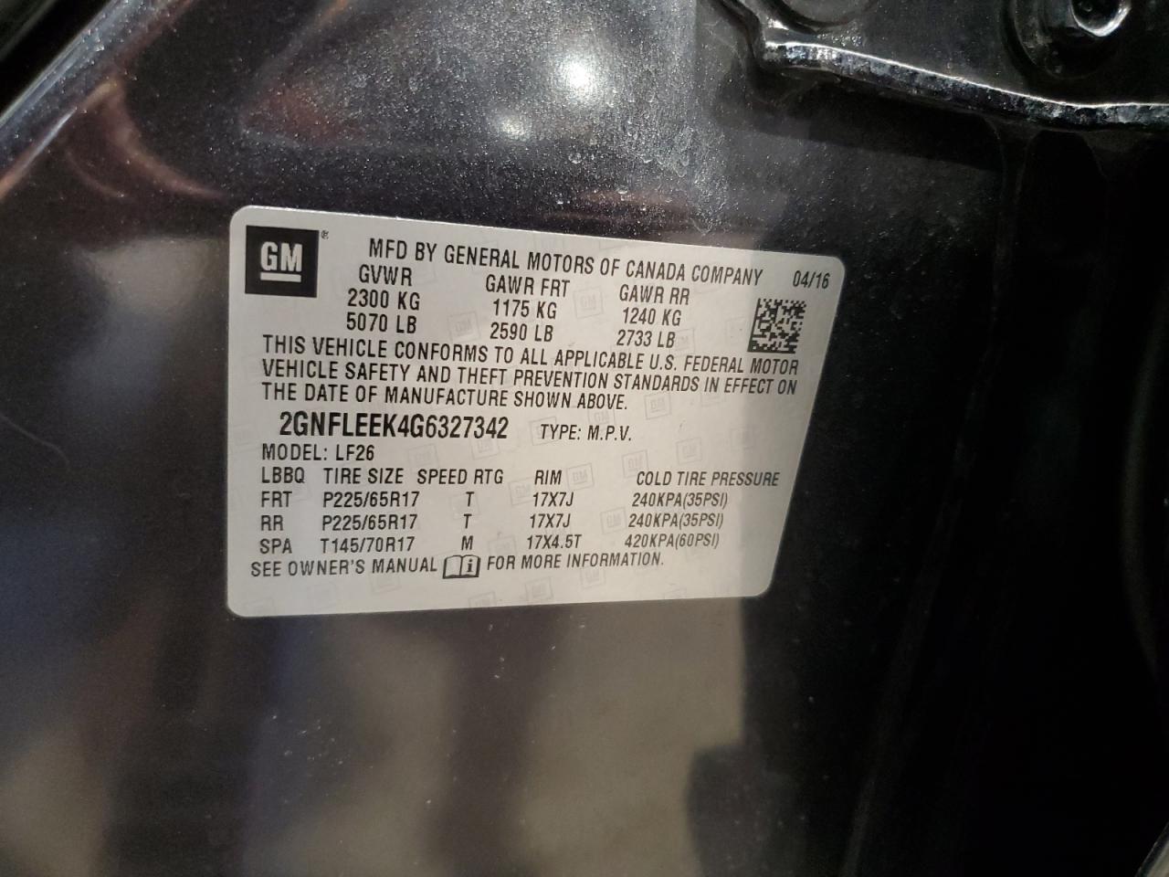 2GNFLEEK4G6327342 CHEVROLET EQUINOX 2016