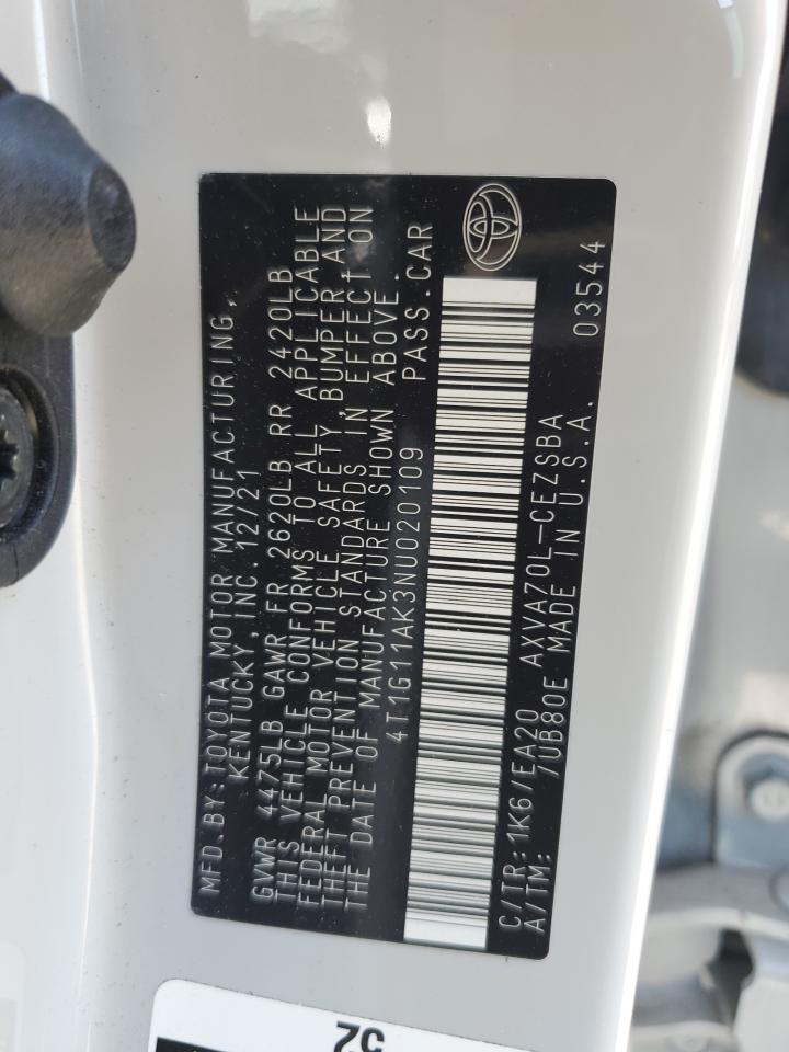 2022 Toyota Camry Se VIN: 4T1G11AK3NU020109 Lot: 50642335