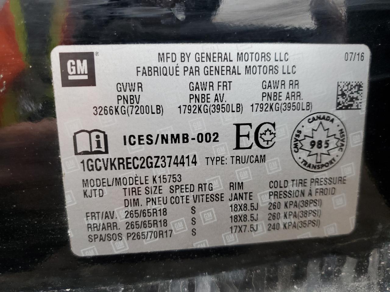 1GCVKREC2GZ374414 CHEVROLET ALL Models 2016