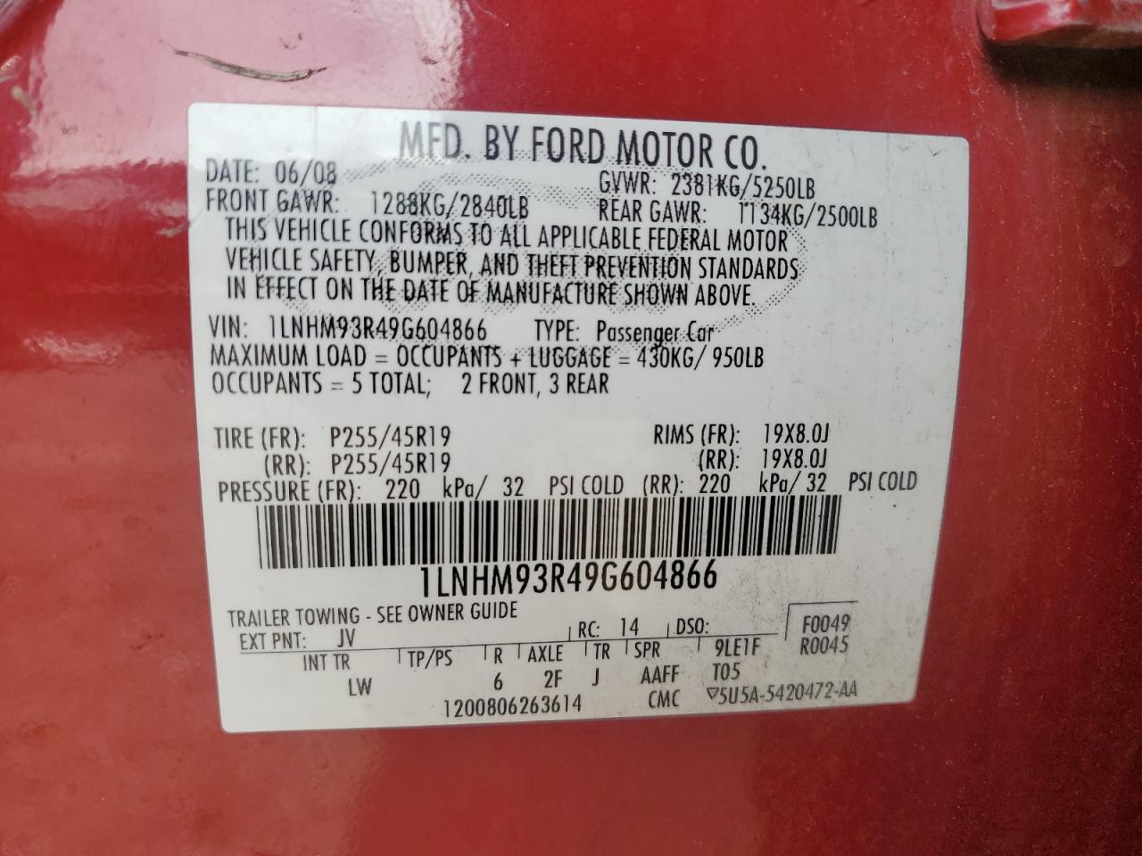 2009 Lincoln Mks VIN: 1LNHM93R49G604866 Lot: 49189315