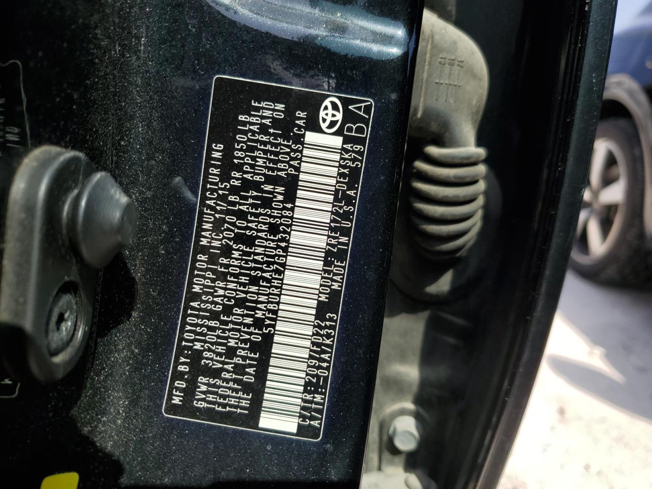 5YFBURHE7GP432084 TOYOTA COROLLA 2016