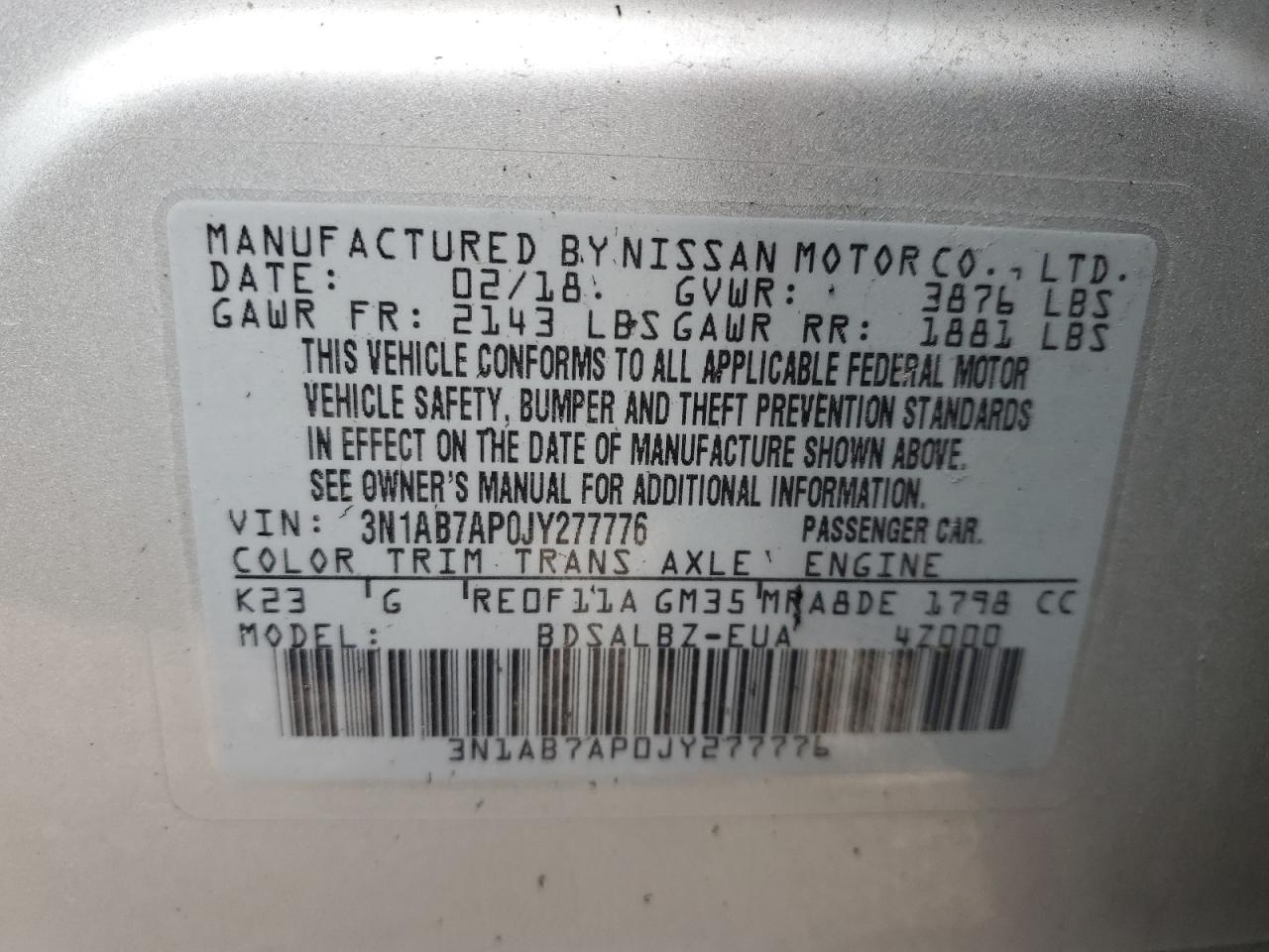 3N1AB7AP0JY277776 NISSAN SENTRA 2018