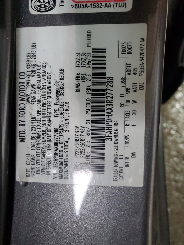 2011 Ford Fusion Se VIN: 3FAHP0HAXBR277288 Lot: 50653345