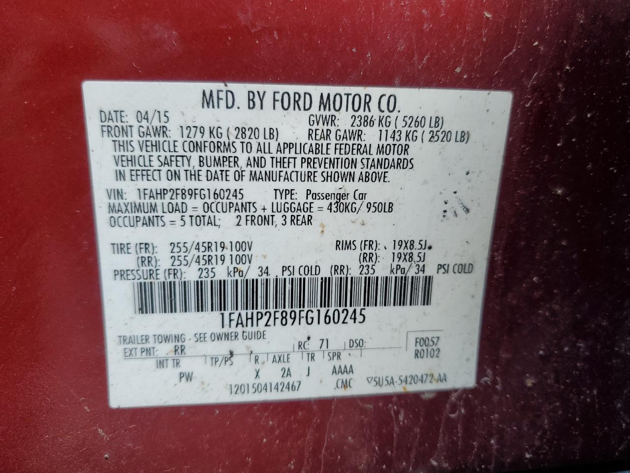 2015 Ford Taurus Limited VIN: 1FAHP2F89FG160245 Lot: 50014835