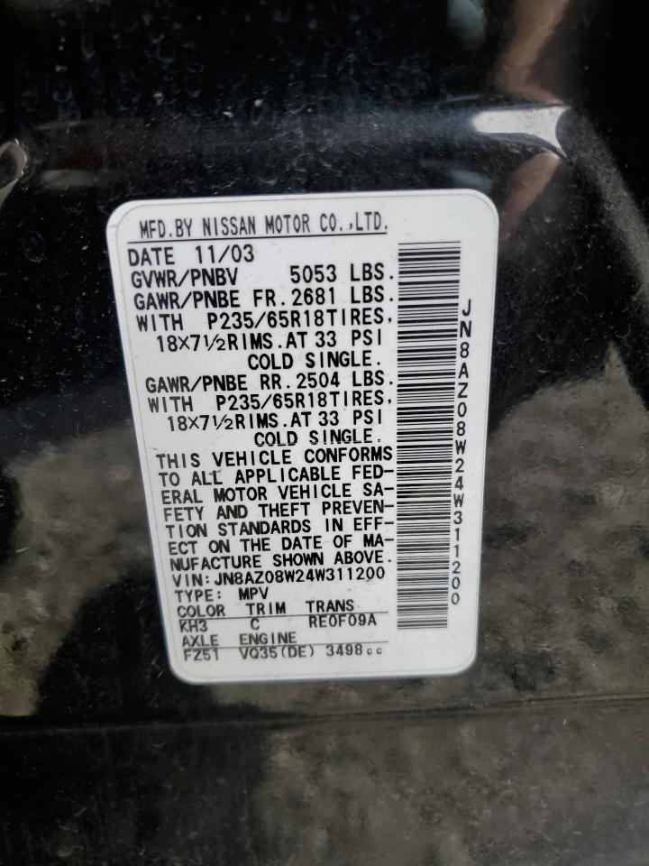 2004 Nissan Murano Sl VIN: JN8AZ08W24W311200 Lot: 50613815