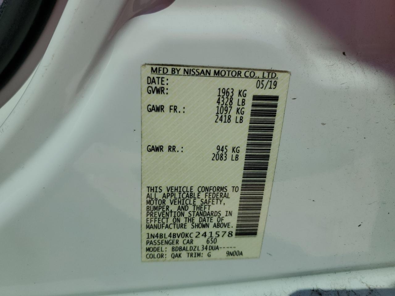 2019 Nissan Altima S VIN: 1N4BL4BV0KC241578 Lot: 50062935