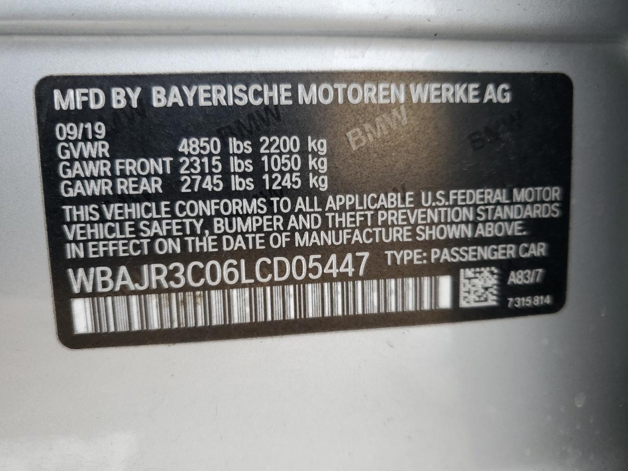 WBAJR3C06LCD05447 BMW 5 SERIES 2020