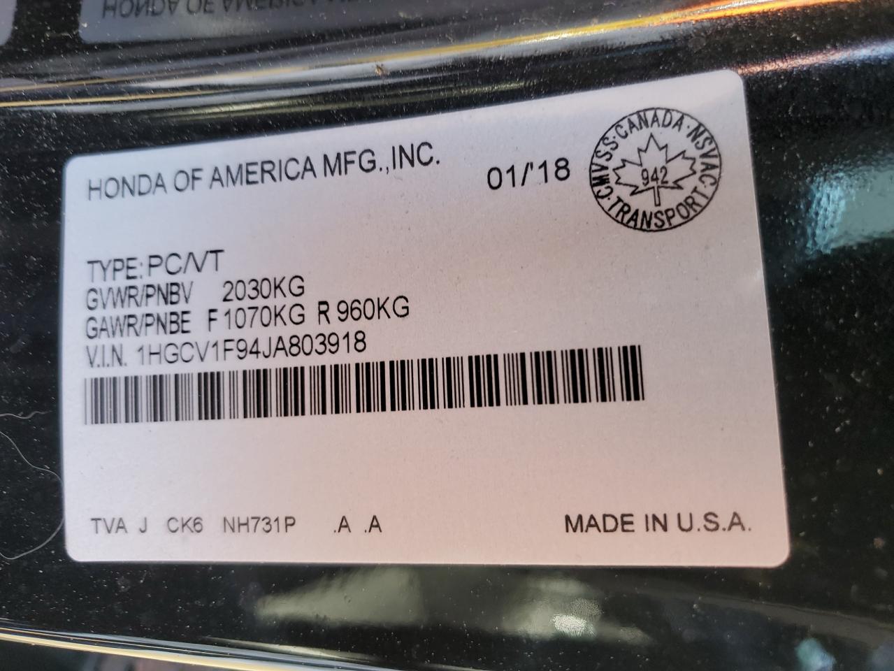 1hgcv1f94ja803918 1HGCV1F94JA803918 2018 Honda Accord Touring