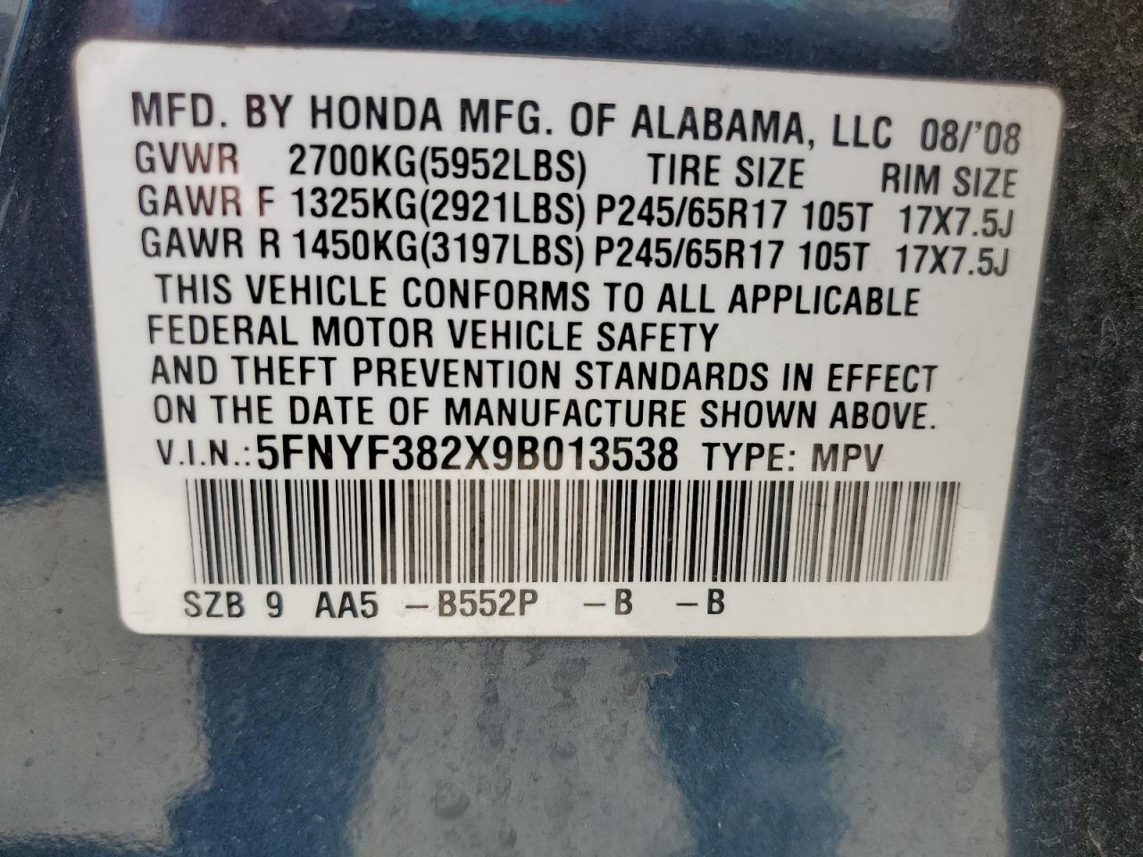 2009 Honda Pilot Lx VIN: 5FNYF382X9B013538 Lot: 49218915