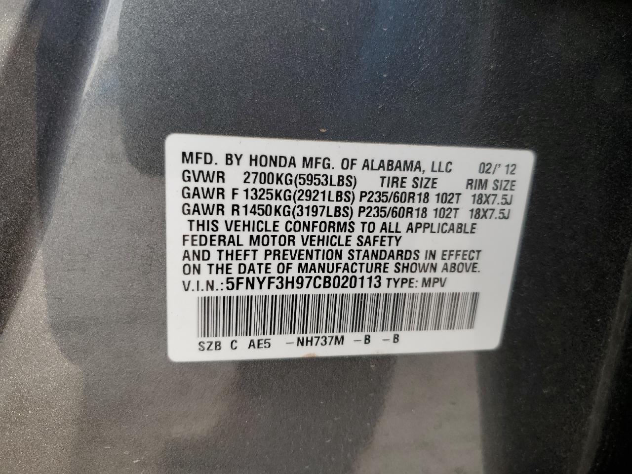 2012 Honda Pilot Touring VIN: 5FNYF3H97CB020113 Lot: 51113125