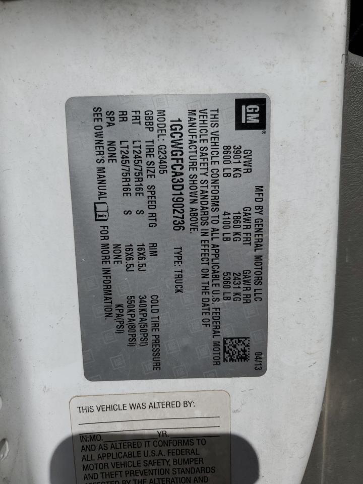 2013 Chevrolet Express G2500 VIN: 1GCWGFCA3D1902736 Lot: 47980015