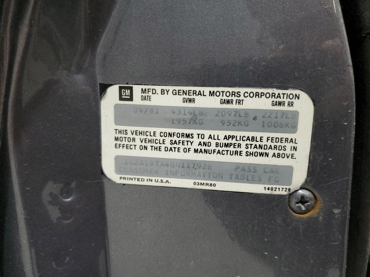 1981 Pontiac Firebird VIN: 1G2AS87A4BN117926 Lot: 49288185