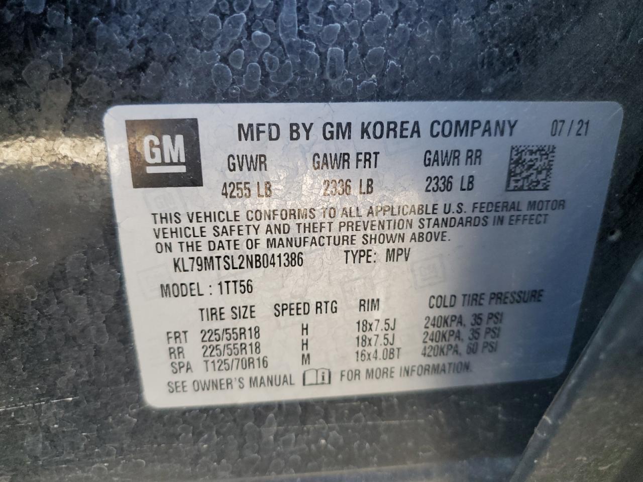 KL79MTSL2NB041386 CHEVROLET TRAILBLZR 2022
