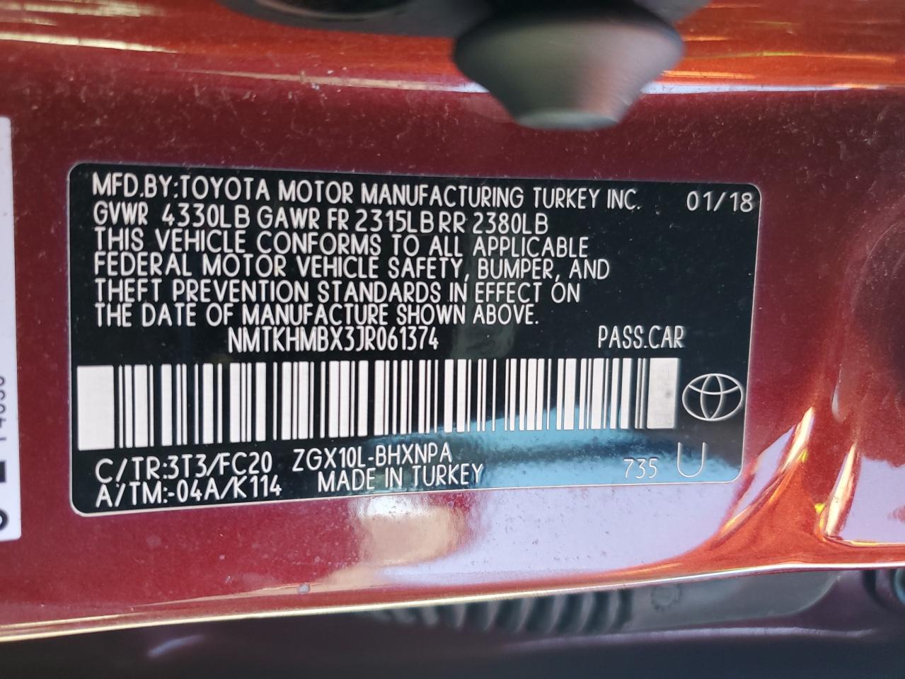2018 Toyota C-Hr Xle VIN: NMTKHMBX3JR061374 Lot: 48299225