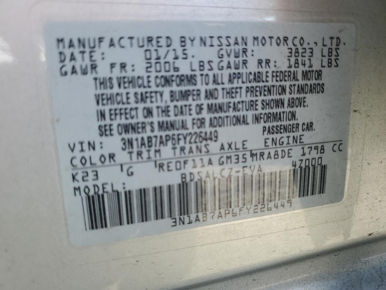 2015 Nissan Sentra S VIN: 3N1AB7AP6FY226449 Lot: 50821425