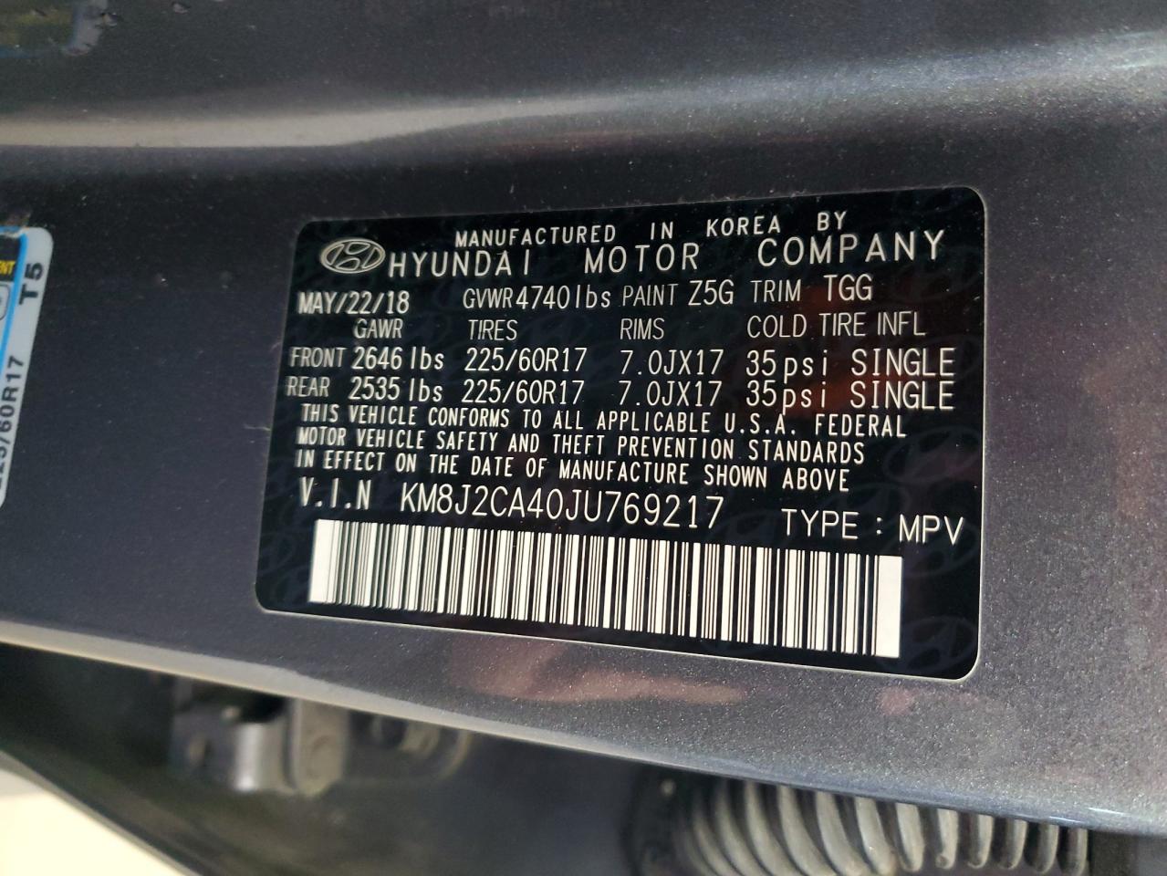 2018 Hyundai Tucson Se VIN: KM8J2CA40JU769217 Lot: 50214755