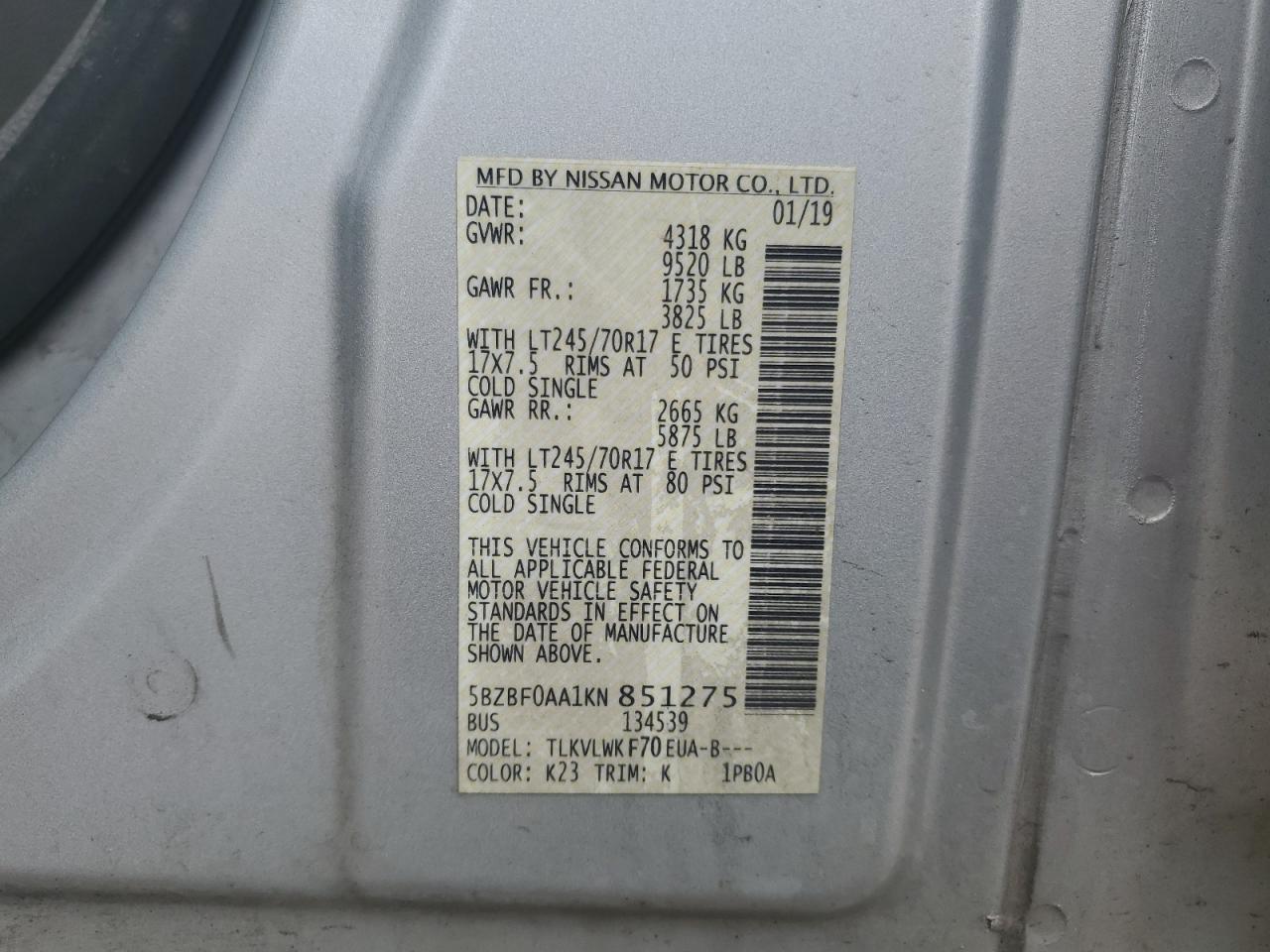5BZBF0AA1KN851275 NISSAN NV 2019