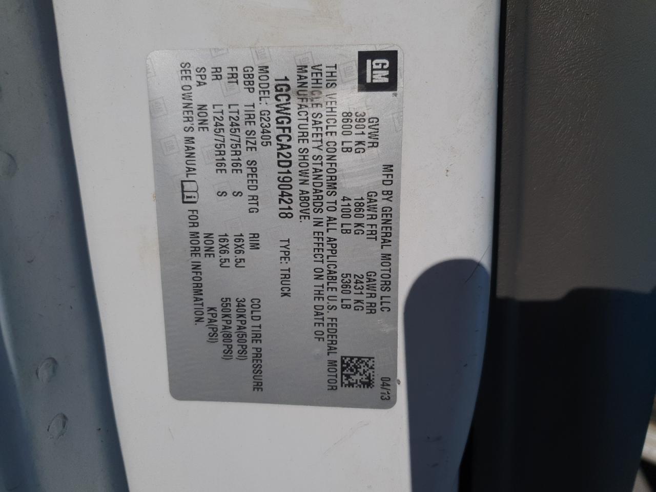 2013 Chevrolet Express G2500 VIN: 1GCWGFCA2D1904218 Lot: 47970385