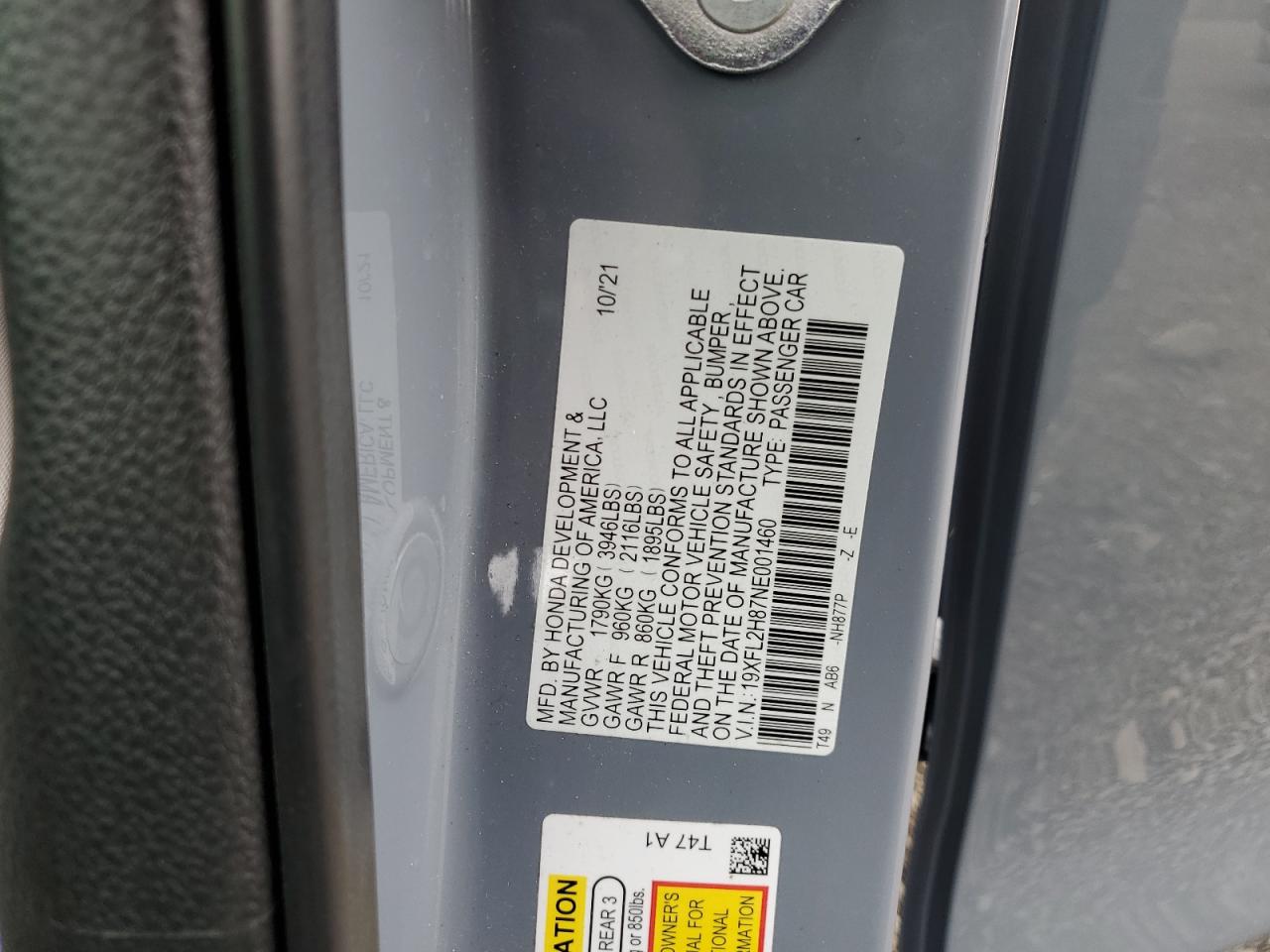 19XFL2H87NE001460 HONDA CIVIC 2022