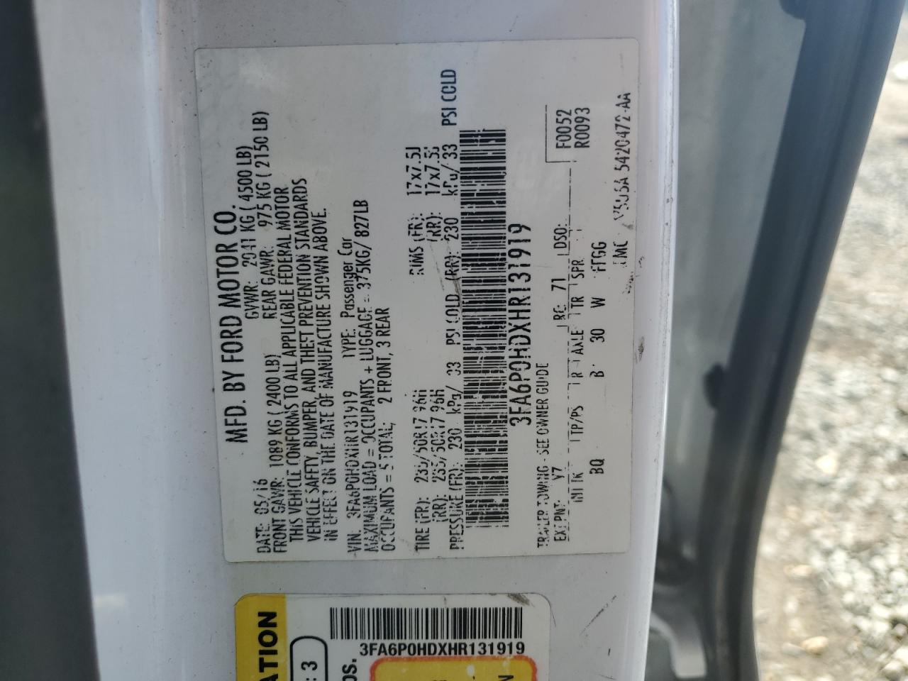 3FA6P0HDXHR131919 FORD FUSION 2017