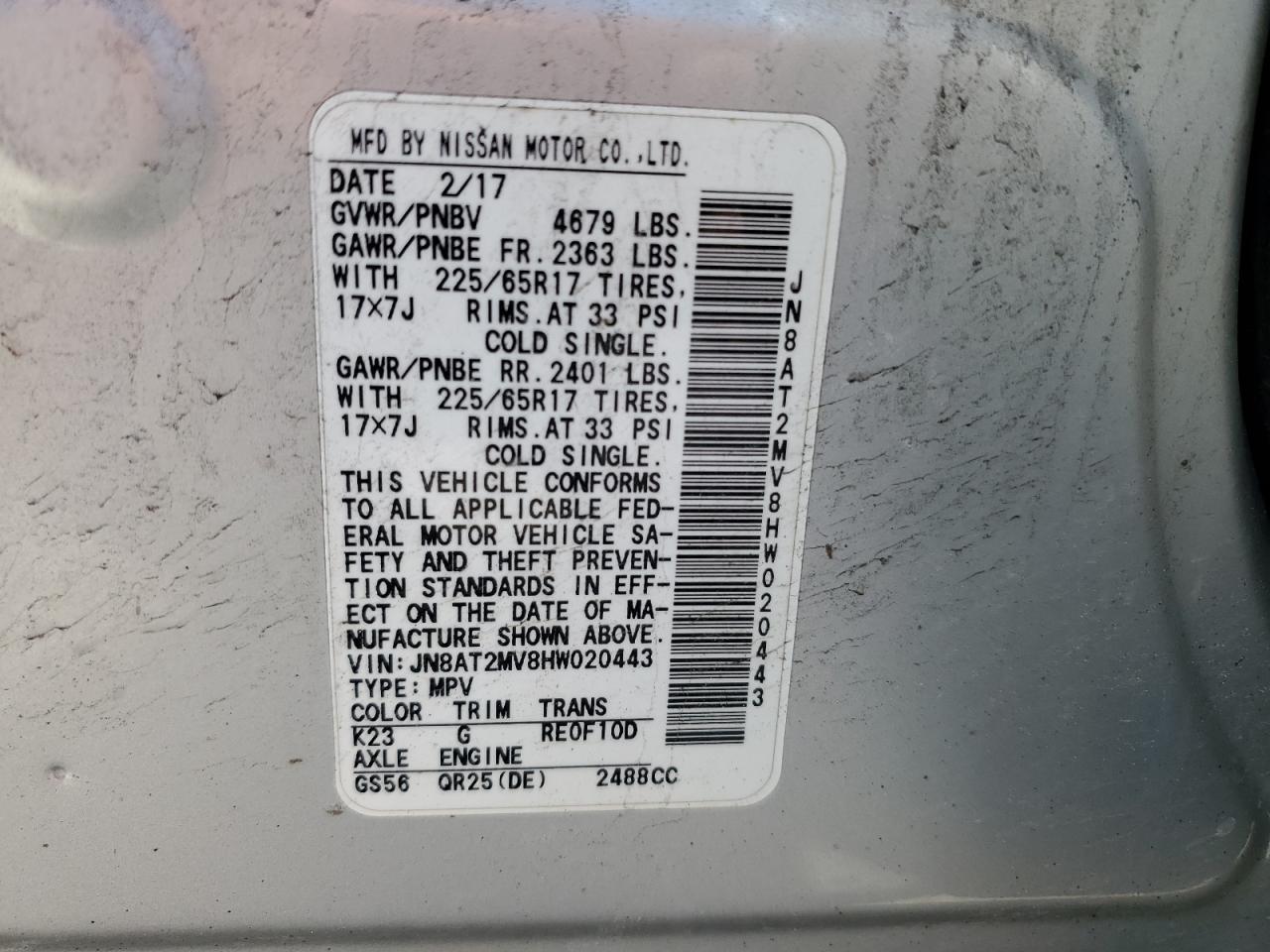 JN8AT2MV8HW020443 NISSAN ROGUE 2017