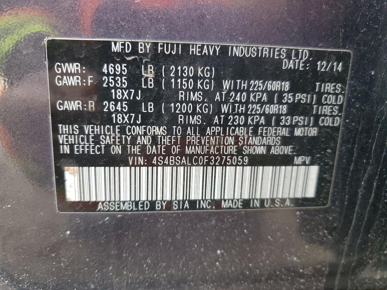 2015 Subaru Outback 2.5I Limited VIN: 4S4BSALC0F3275059 Lot: 44956385