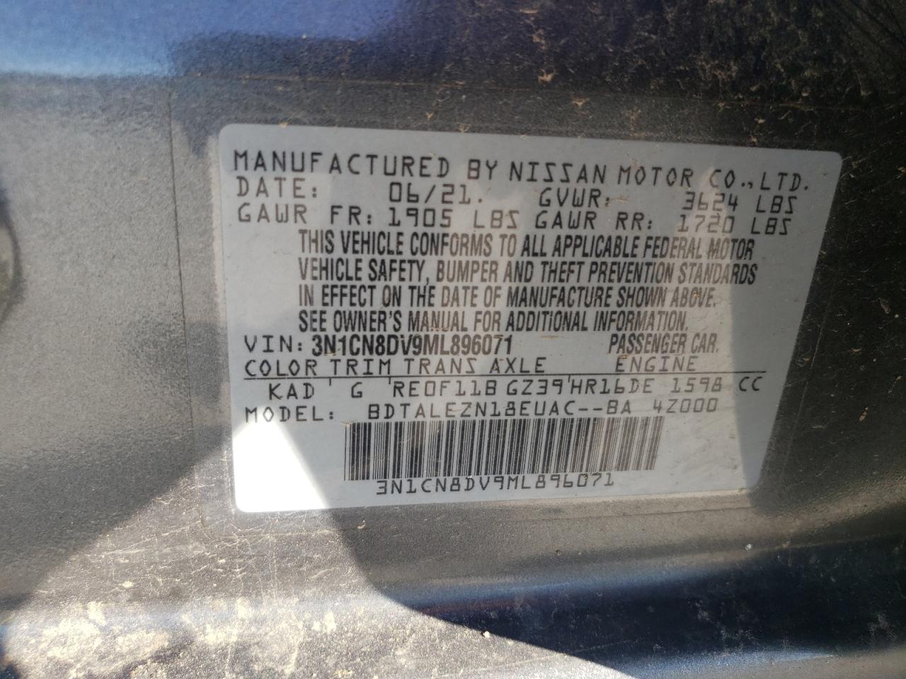 3N1CN8DV9ML896071 NISSAN VERSA 2021