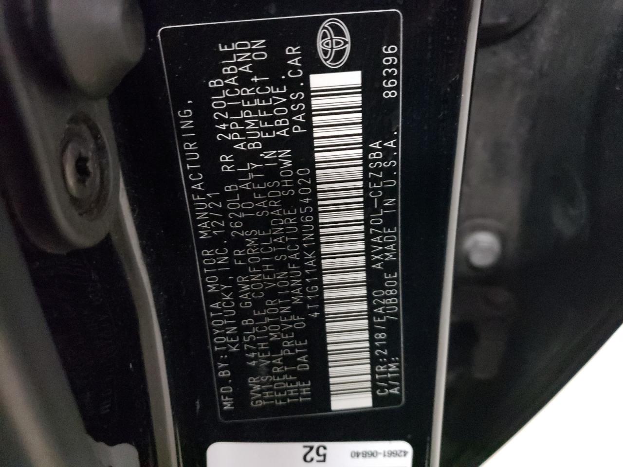 4T1G11AK1NU654020 TOYOTA CAMRY 2022