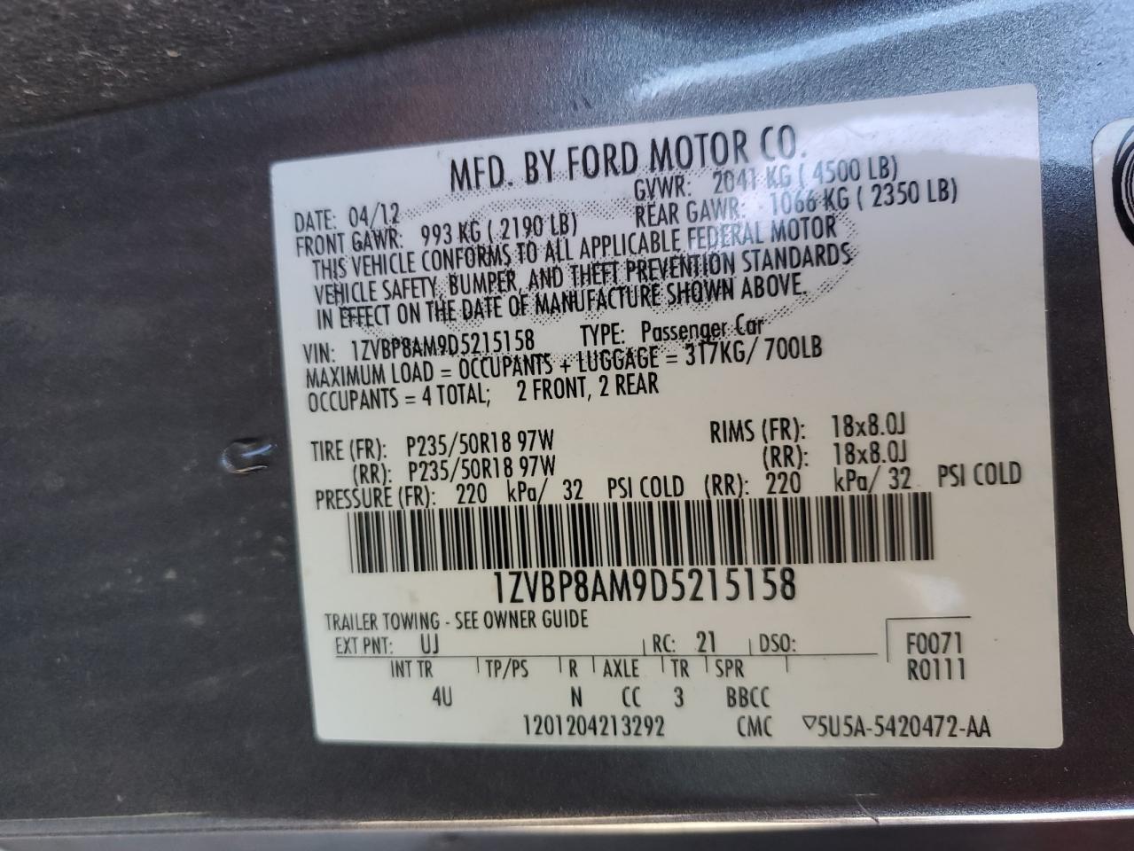 2013 Ford Mustang VIN: 1ZVBP8AM9D5215158 Lot: 49335285