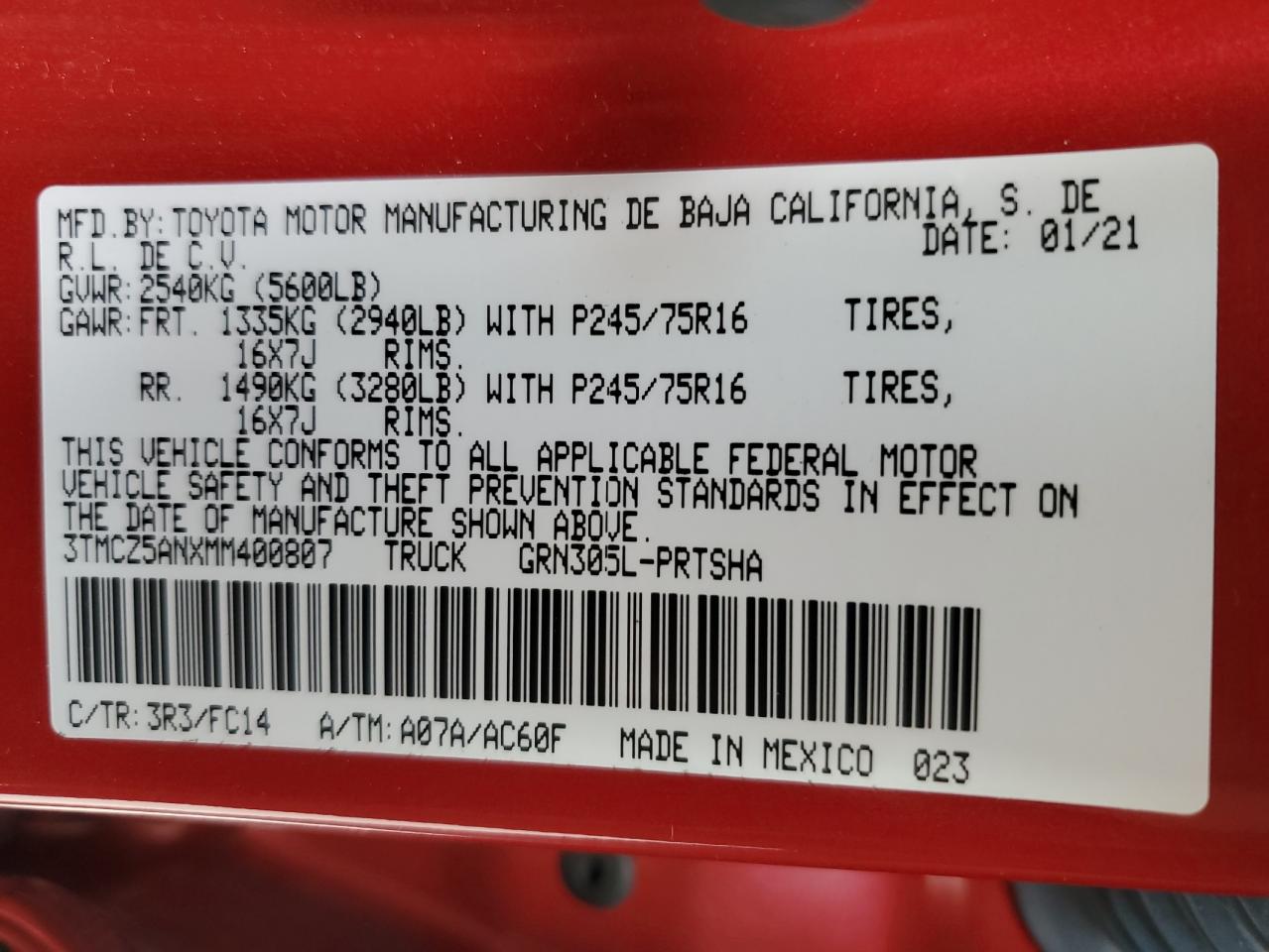 3TMCZ5ANXMM400807 TOYOTA TACOMA 2021