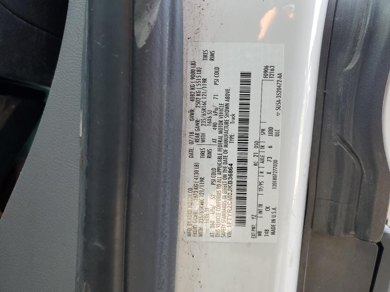 1FTYR2CM0JKB36864 FORD TRANSIT 2018