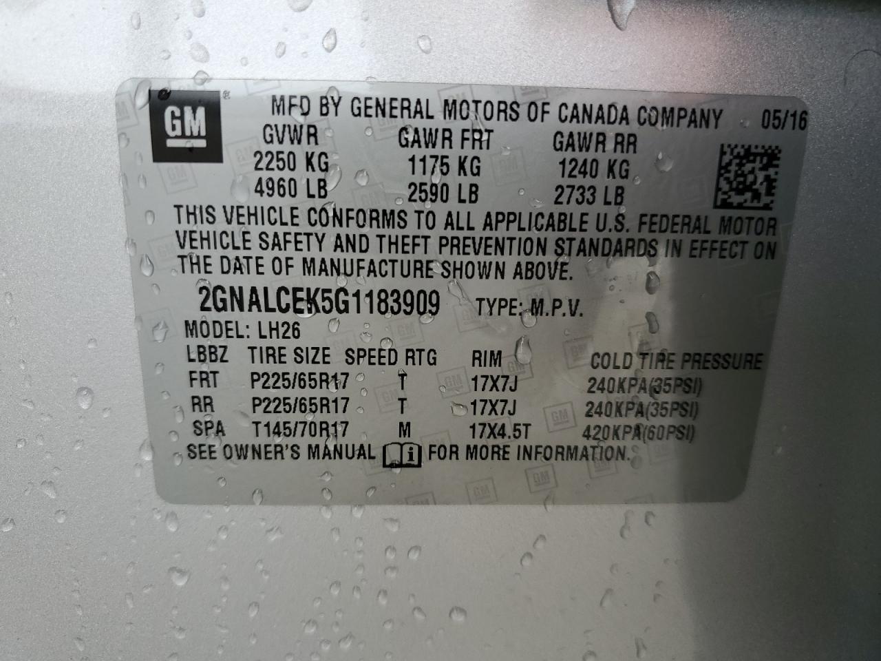 2GNALCEK5G1183909 CHEVROLET EQUINOX 2016