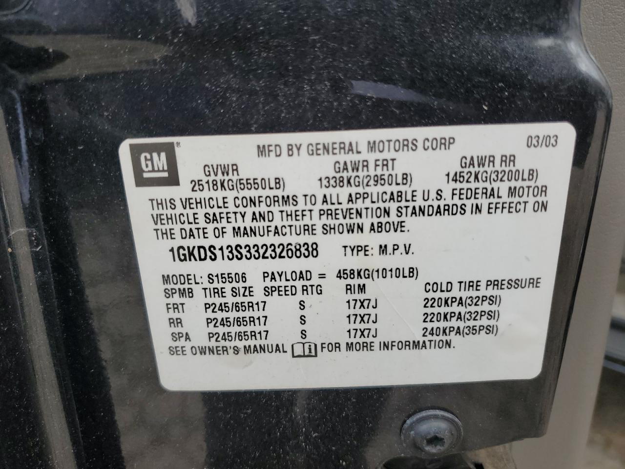 2003 GMC Envoy VIN: 1GKDS13S332326838 Lot: 48888545