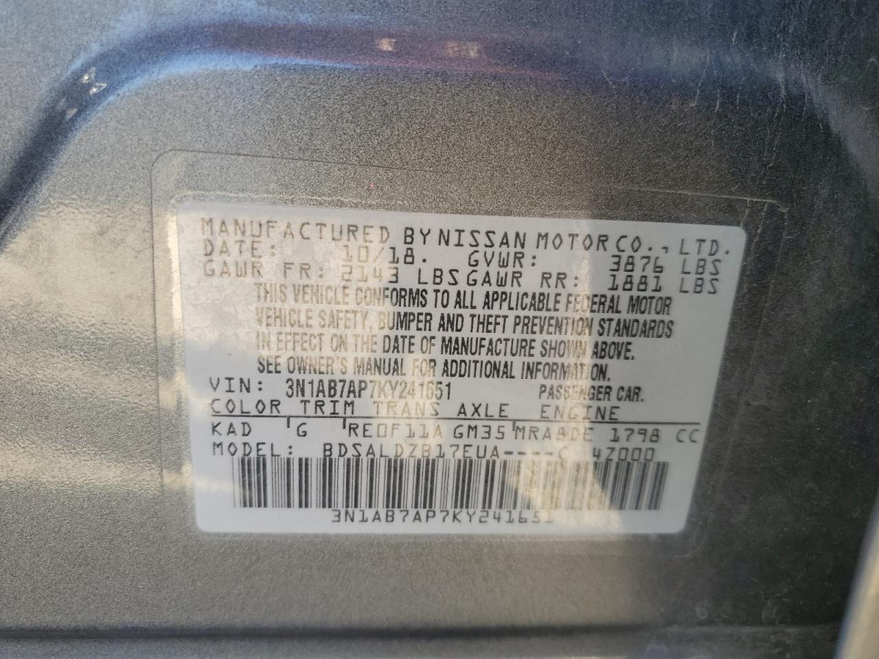 3N1AB7AP7KY241651 NISSAN SENTRA 2019