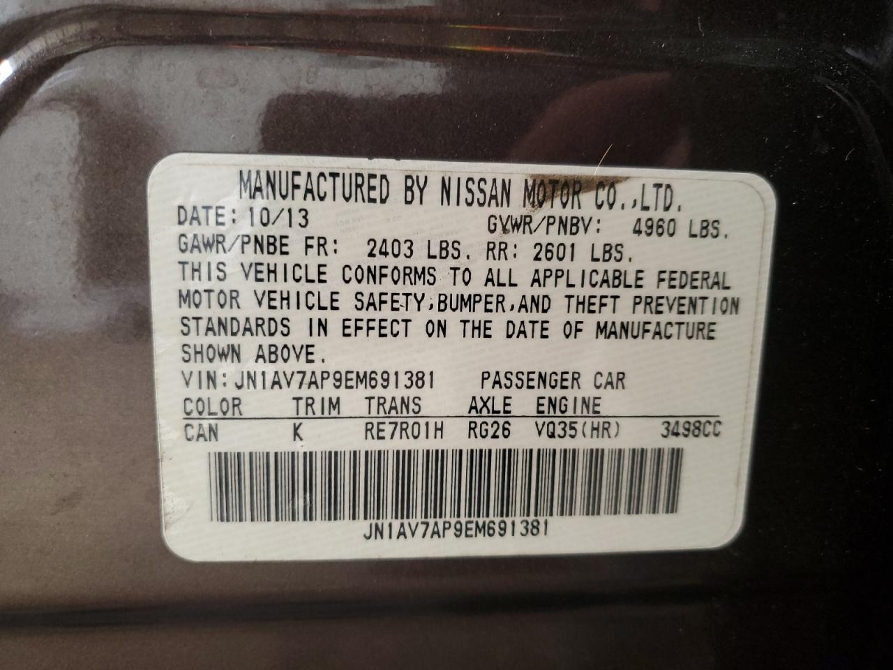 2014 Infiniti Q50 Hybrid Premium VIN: JN1AV7AP9EM691381 Lot: 48212025