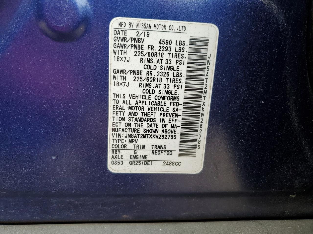 JN8AT2MTXKW262785 NISSAN ROGUE 2019