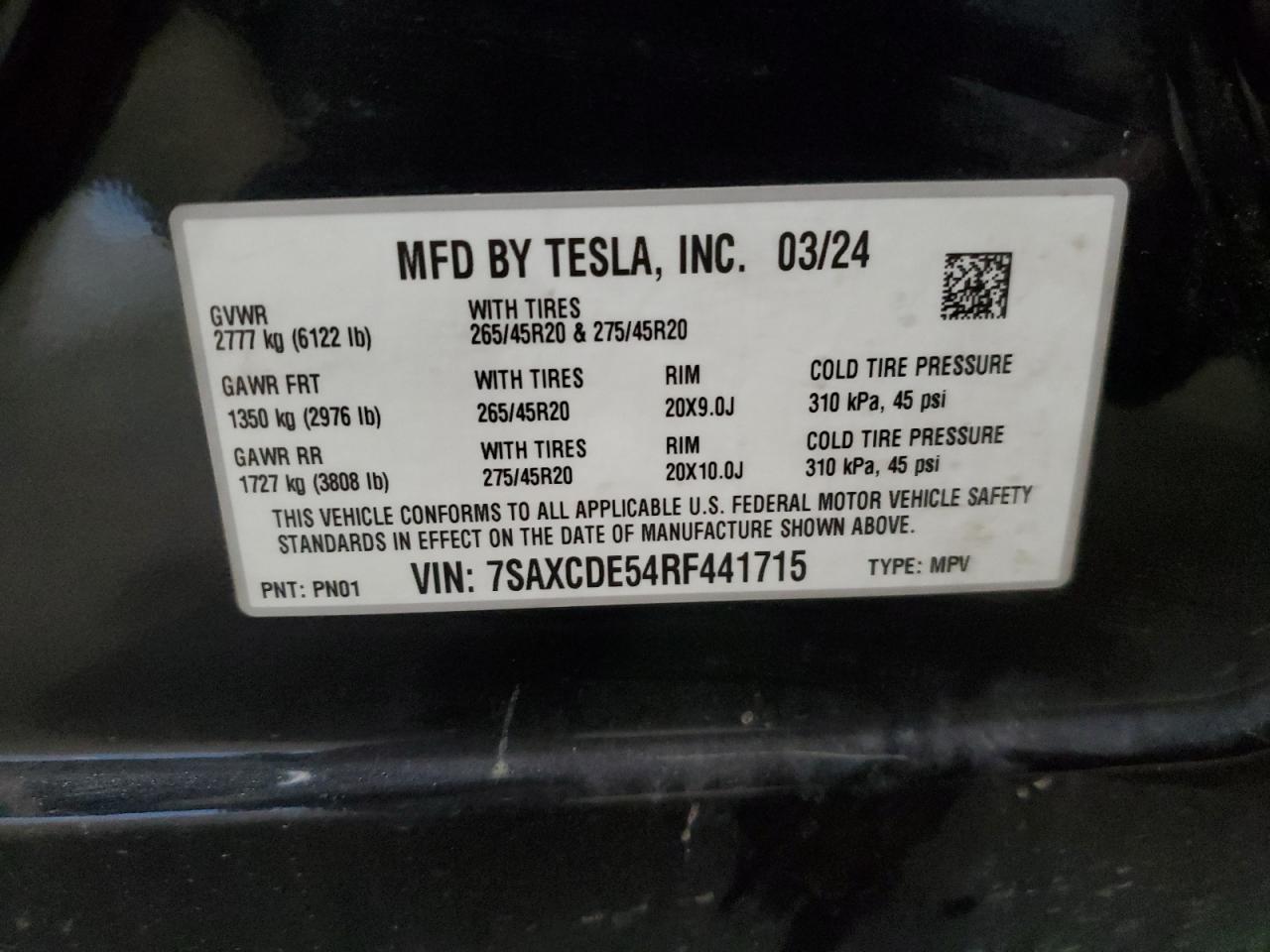 2024 Tesla Model X VIN: 7SAXCDE54RF441715 Lot: 48745165