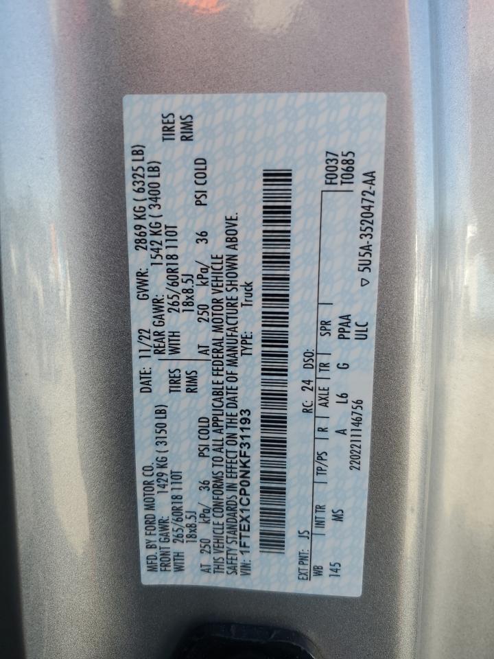 2022 Ford F150 Super Cab VIN: 1FTEX1CP0NKF31193 Lot: 50683065